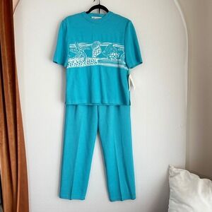NWT St. John Collection Wool Knit Set Top & Pant Turquoise White Nautical Shell‎